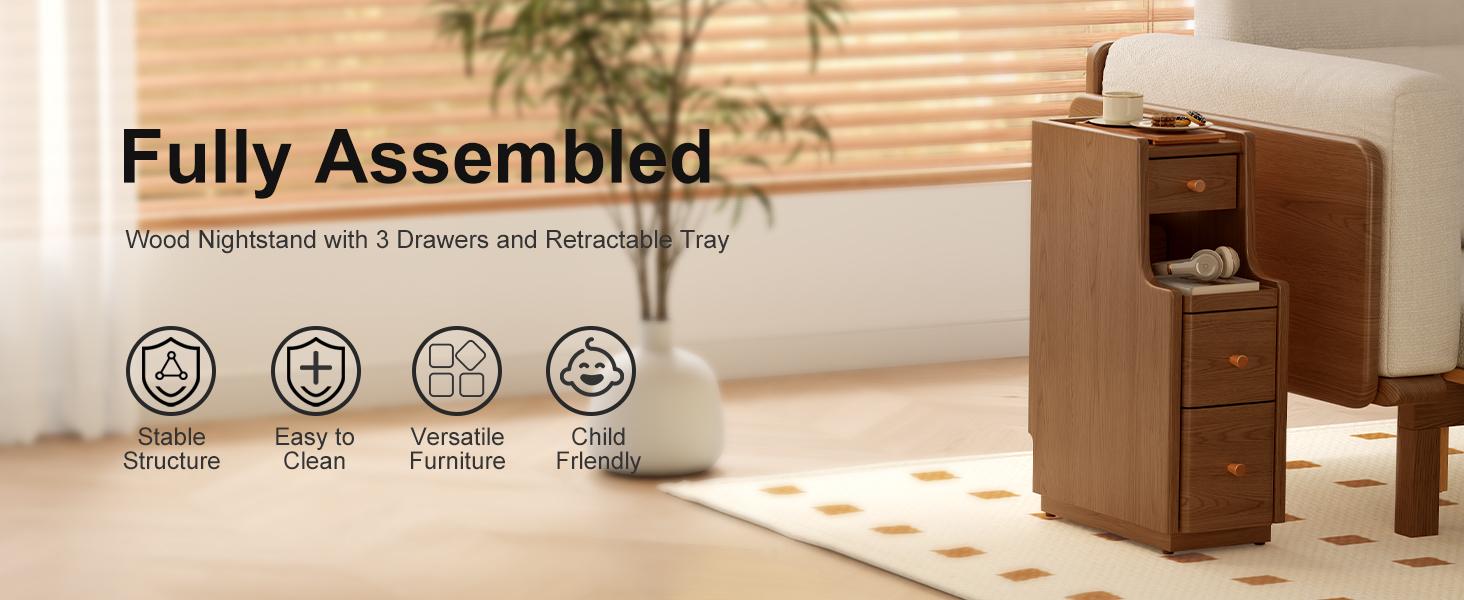 100% Solid Wood Fully Assembled Nightstand - Narrow 3-Drawer Slim Bedroom Table with Clean Aesthetic, Quiet Glide Drawers, Fits Between Beds for Small Room Ideas & Modern Bedroom