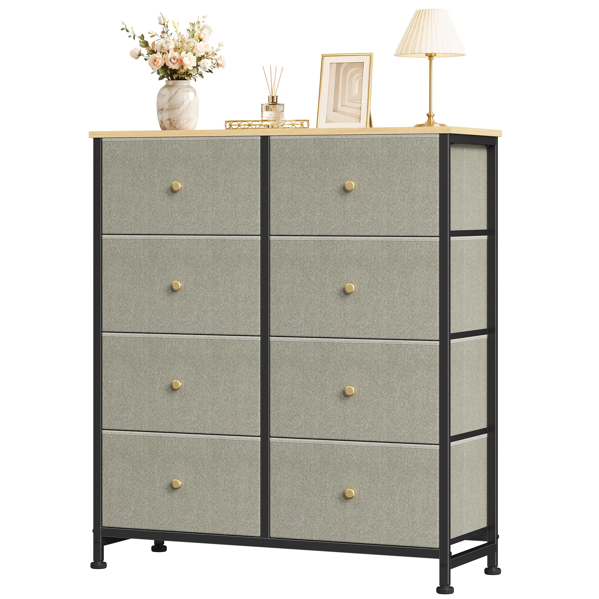 Dresser for Bedroom Drawer Dresser Organizer Storage Drawers Fabric Storage Tower, Chest of Drawers with 8 Fabric Bins, Steel Frame, Wooden Top