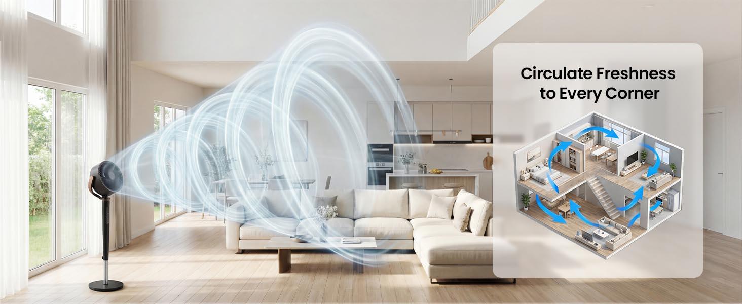 TEHANLD Fan for Bedroom, 120&deg; Oscillating Standing Fan, Quiet Floor Fan with DC Motor, 100ft Pedestal Fan for Room, 16 Speeds, 4 modes, 20dB, 37-45" Adjustable Height, 12H Timer，With ambient lighting