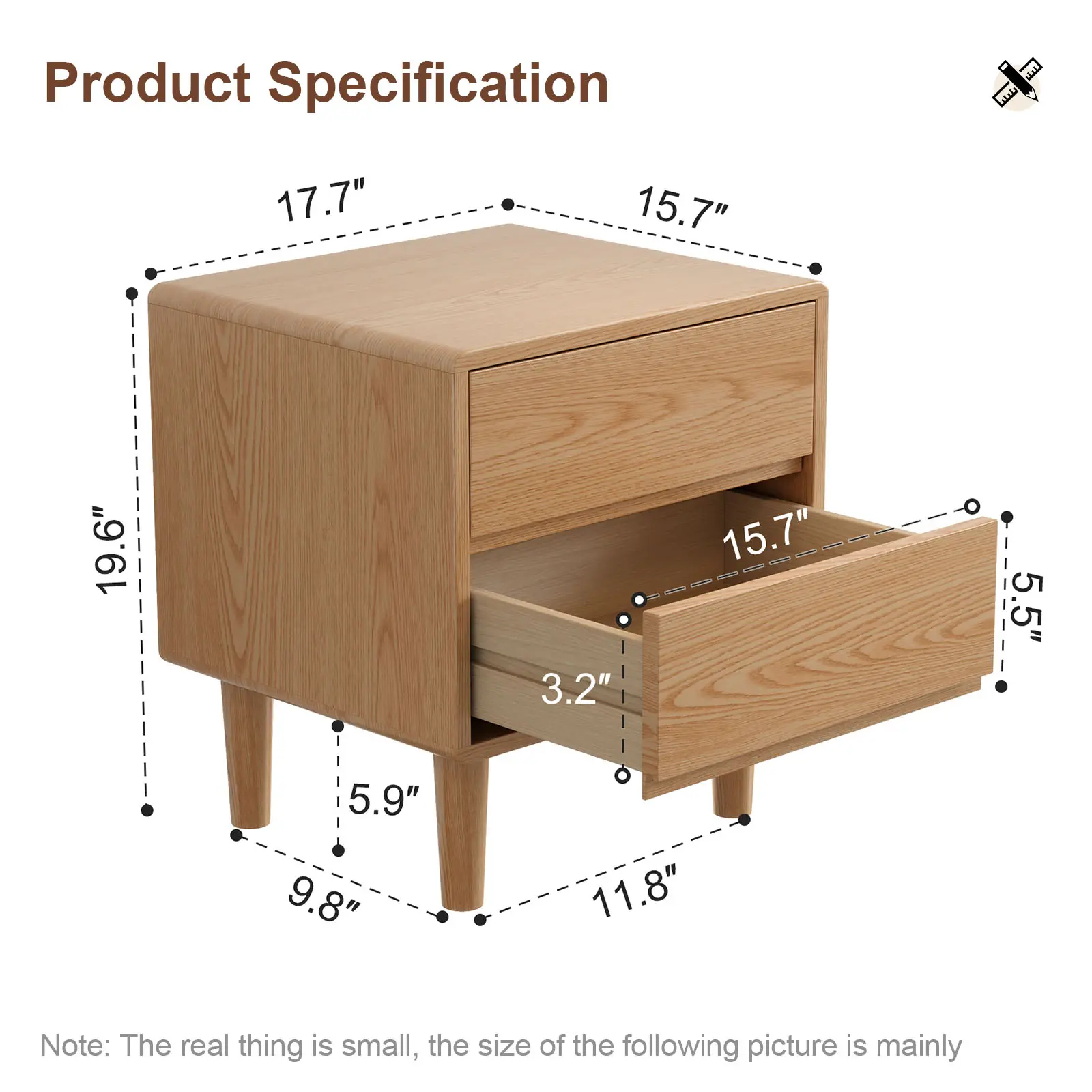 Solid Wood Nightstand with Drawers | Mid-Century Modern Bedside Table, Hand-Polished Edges for Bedroom Storage