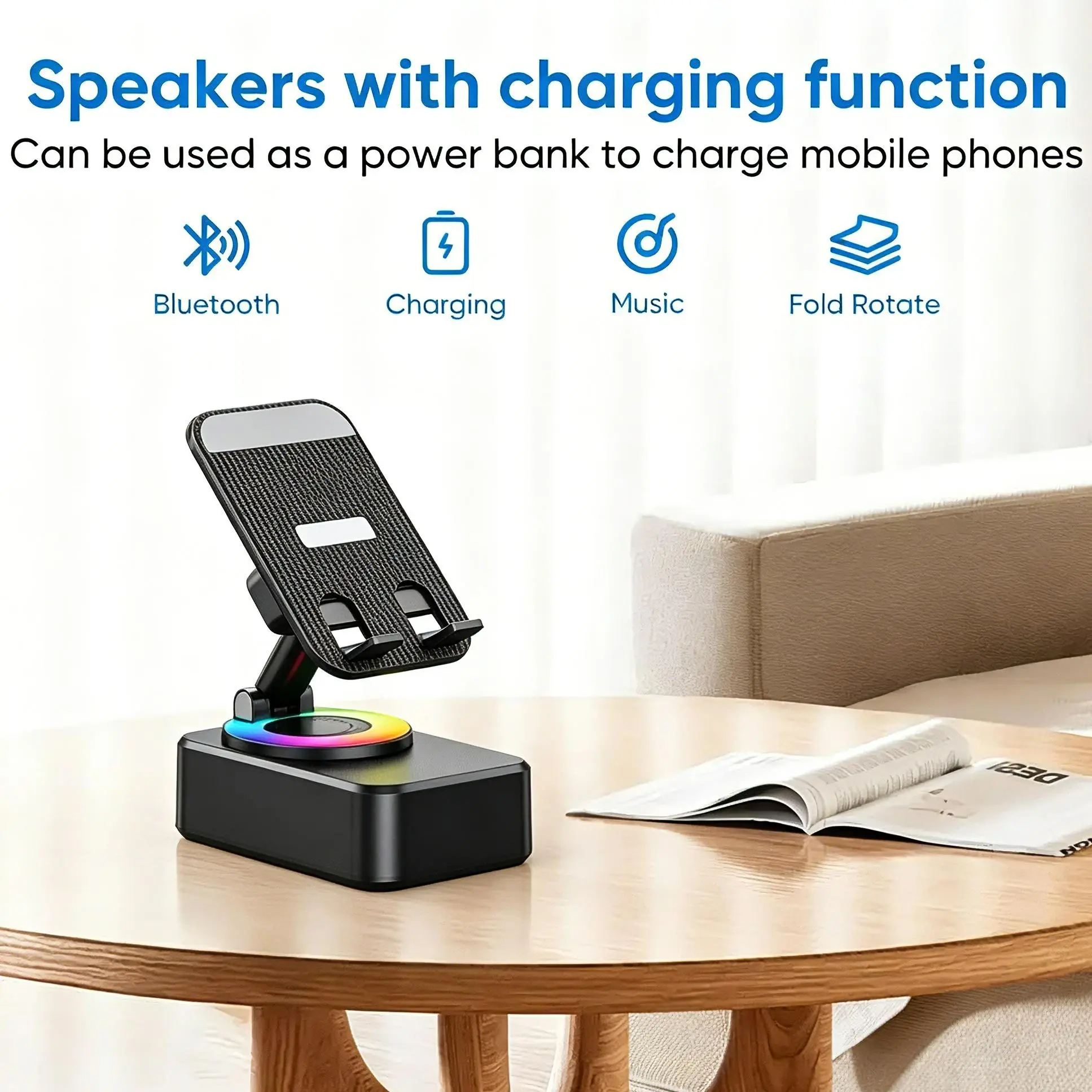 Wireless Sensor Audio Speaker Stand,5-in-1 CellPhone Stand,Rechargeable Emergency Power Bank,360° Rotation Phone Speaker Stand & Charger, Suitable for Kitchen Travel Party Outdoors Gym, Women's Men's Gift Ideas Phone Accessories