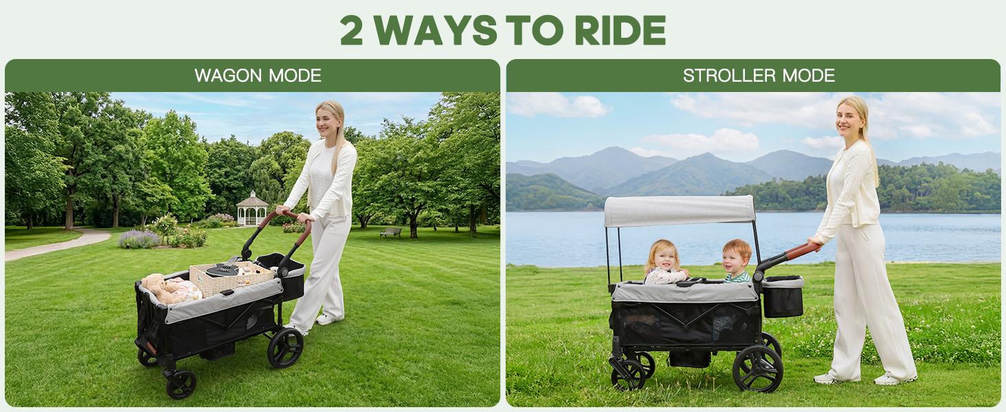Dripex Stroller Wagon for 2 Kids, All-Terrain Foldable Kids Wagon Stroller with Removable Canopy, Mosquito Net, Snack Tray, Cup Holders & Storage Basket
