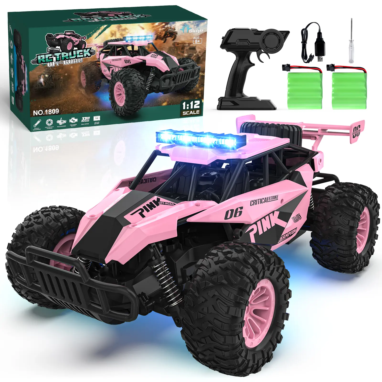 Remote Control Car - 2.4GHz High Speed 33KM/H RC Cars Toys, 1:12 Monster RC Truck Off Road with LED Headlight and Rechargeable Battery Gifts for Adults Boys 8-12 rc car Outdoorfun Durable