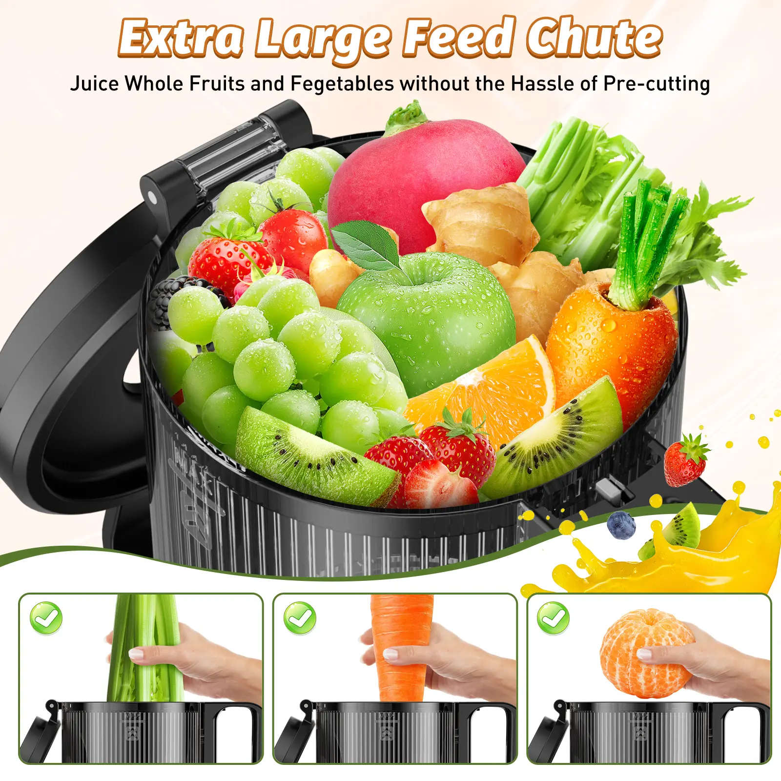 LQZ 350W Cold Press Juicer - Slow Masticating, 5.4 Inch Feed Chute, High Juice Yield, Easy Clean, 55rpm Technology for Whole Fruits & Veggies,Summer Glow