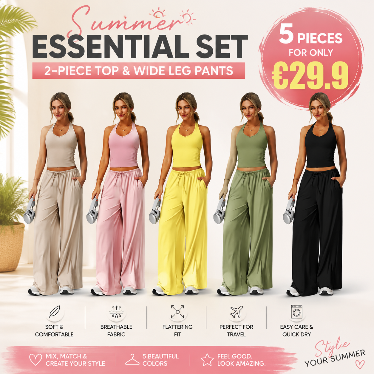 Women's 2-Piece Athleisure Outfits - Polyester-Silk Fitted Summervibe Sweatsuit, Adjustable V-Neck Strappy Top & Wide Leg Pants