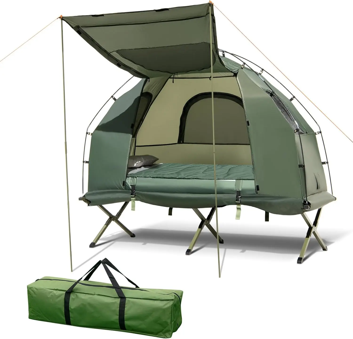 5-in-1 Tent Cot, Camping Tent Combo with Awning, Air Mattress, Sleeping Bag, Air Pillow, Camping Cot, with Carrying Bag for Outdoor Hiking