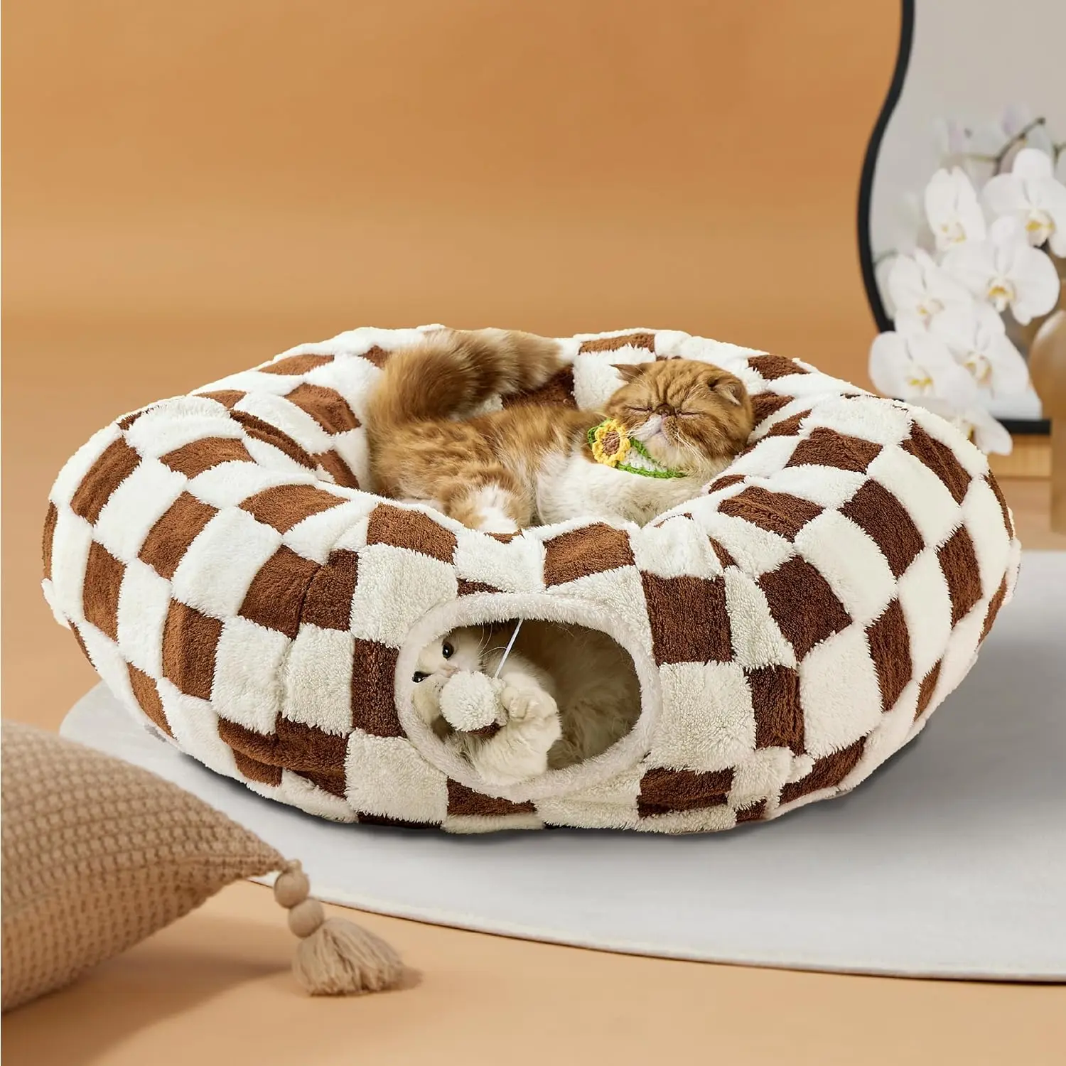 2‑in‑1 Donut Tunnel Pet Bed, Washable Round Cushion for Indoor Cats, Kittens, Puppies & Rabbits, Standard Blue