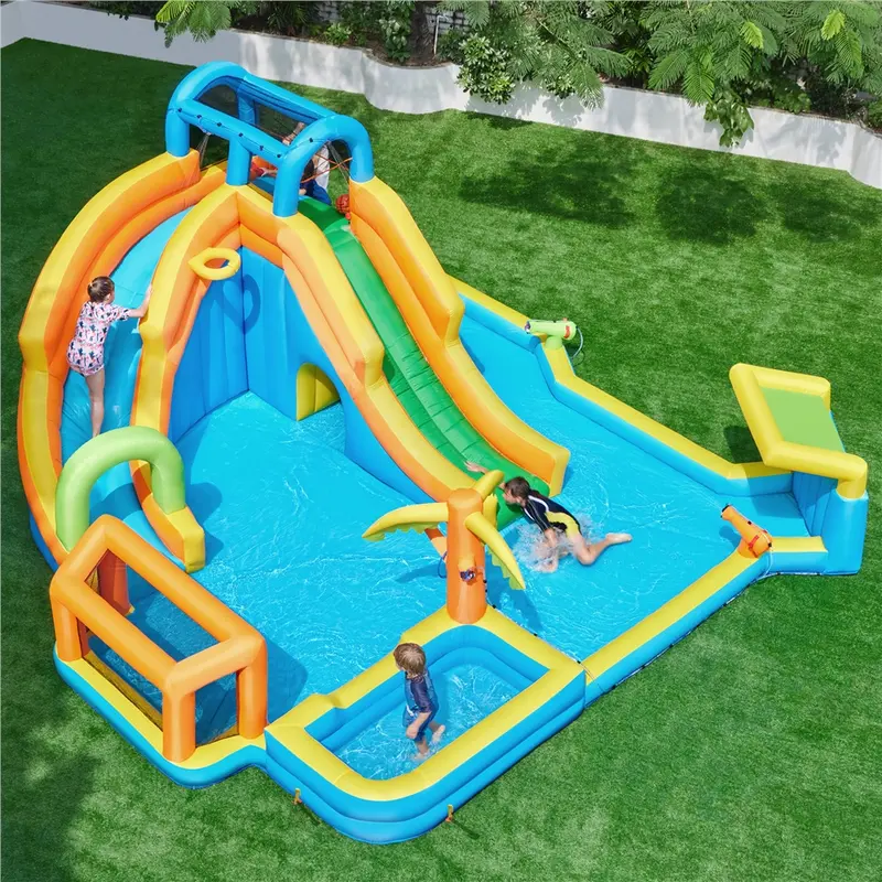 Cooling Inflatable Water Slide w/ 2 Long Slides & Large Climbing Wall & Small Deeper Pool & Awning for Kids Aged 3 to 10, Outdoor Water Slide w/Storage Bag & 950W Blower