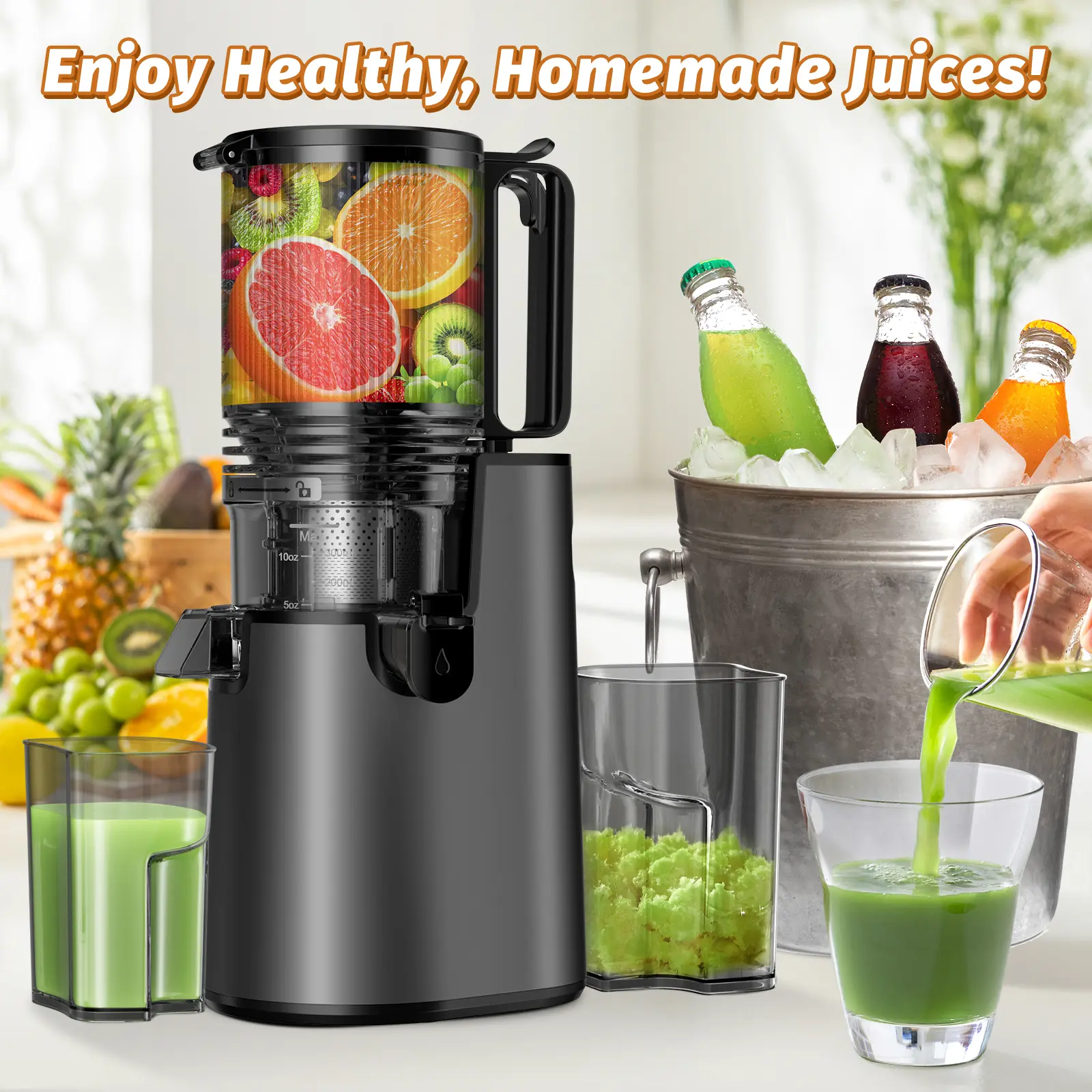 LQZ 350W Cold Press Juicer - Slow Masticating, 5.4 Inch Feed Chute, High Juice Yield, Easy Clean, 55rpm Technology for Whole Fruits & Veggies,Summer Glow