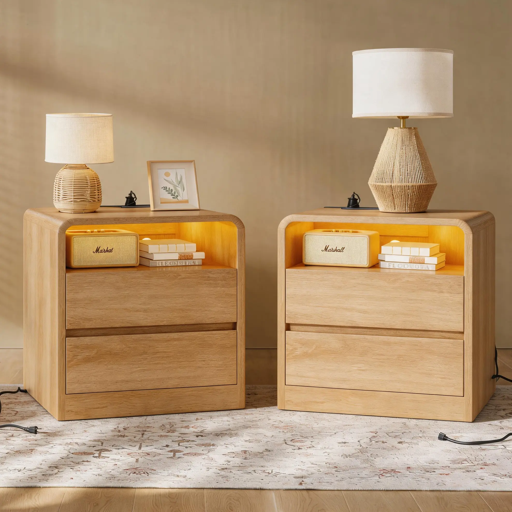 Modern Solid Wood Nightstand Set of 2, 2‑Drawer Bedside Cabinet with Charging Station & RGB Lights, Storage Shelf for Bedroom & Office