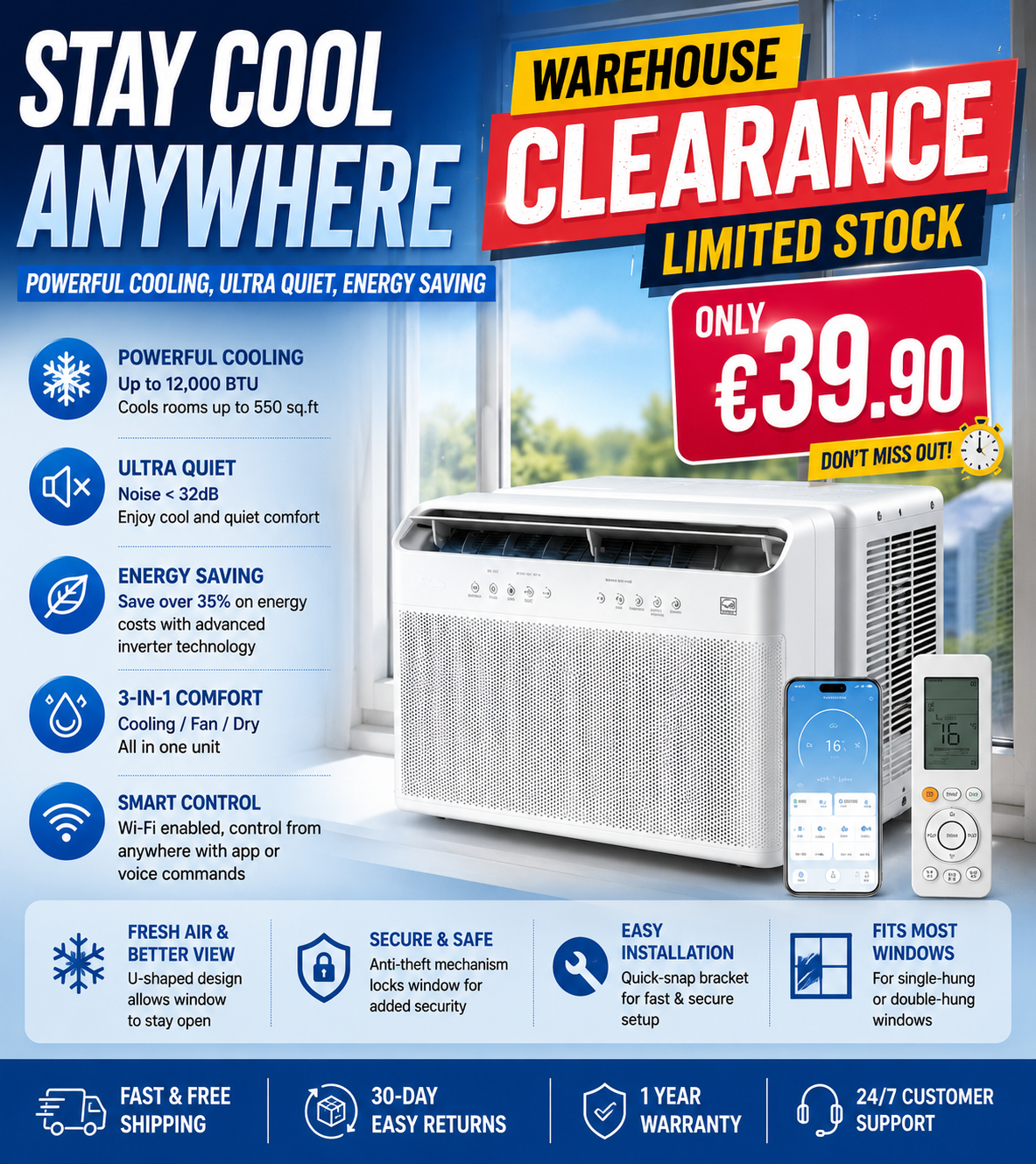 U Shaped Smart Inverter New Window Air Conditioner, 2026 version AC, Cools up to 450 Sq. Ft.