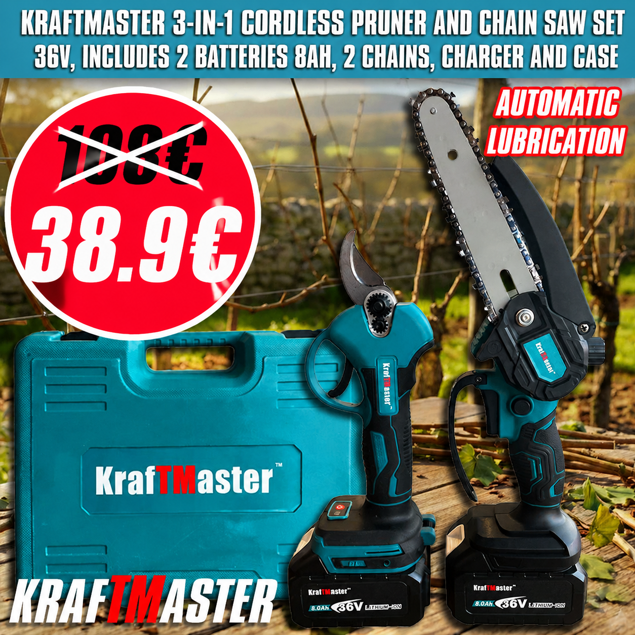 KraftMaster Cordless Set: Professional Pruning Shears and Mini Saw 36V