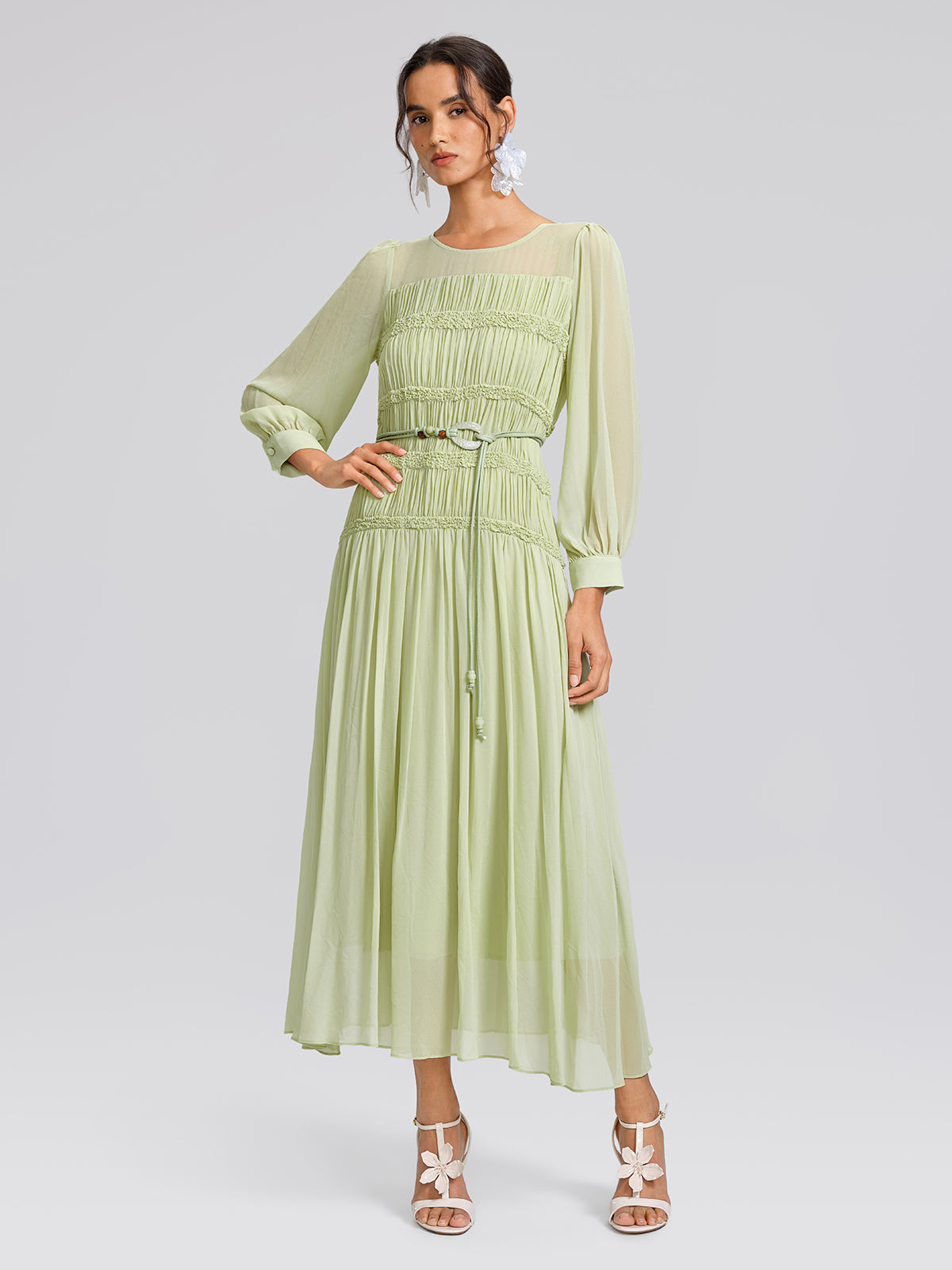 Smocked Pleated Dress (Belt Included)