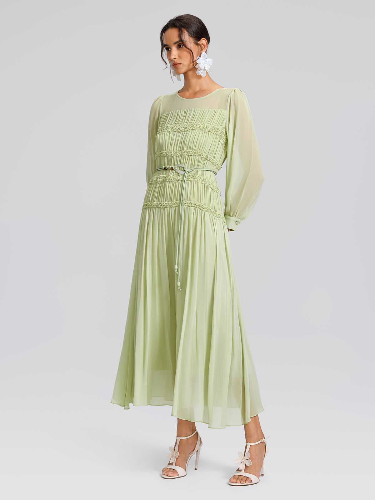Smocked Pleated Dress (Belt Included)