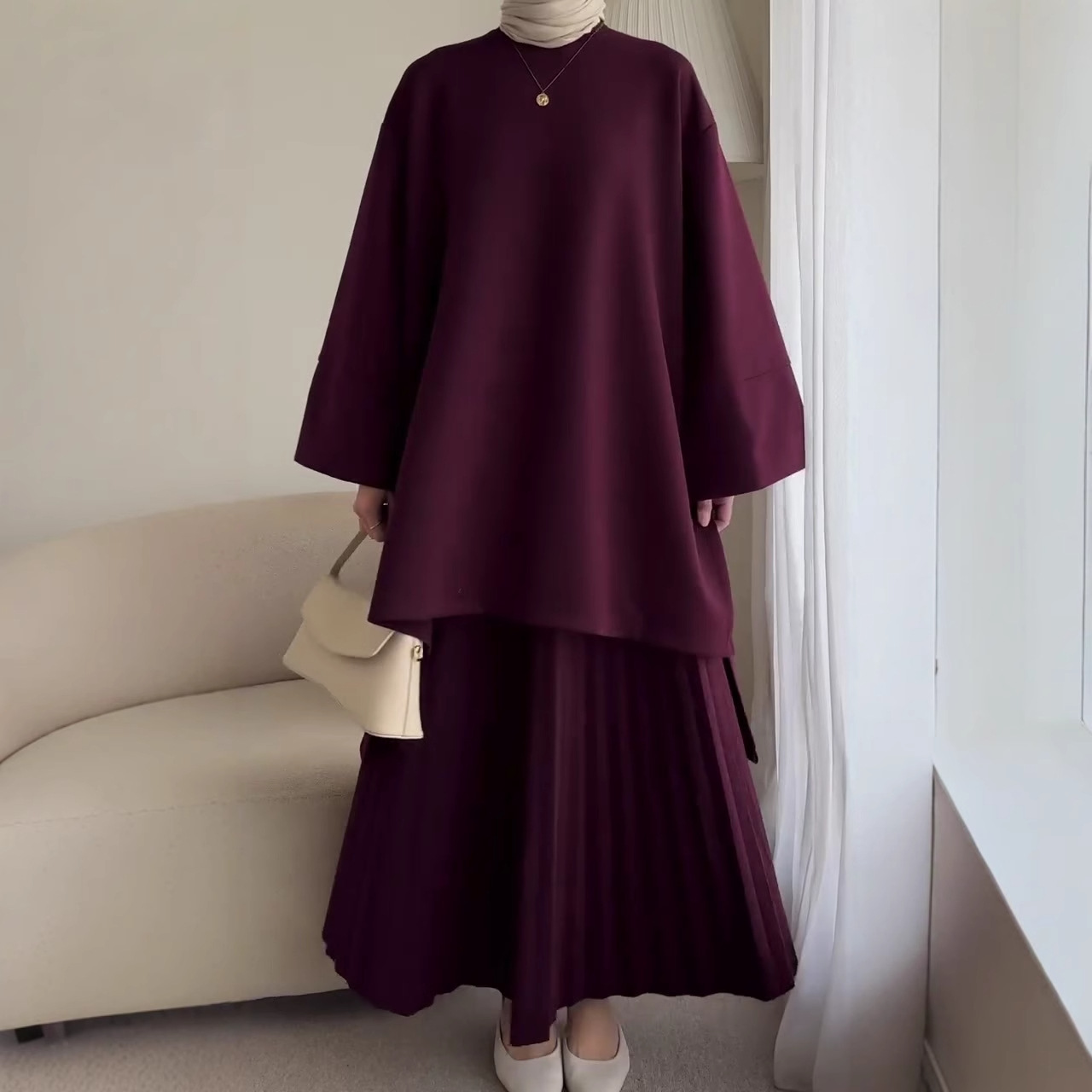 Solid Color Loose Casual Retro Dress Set