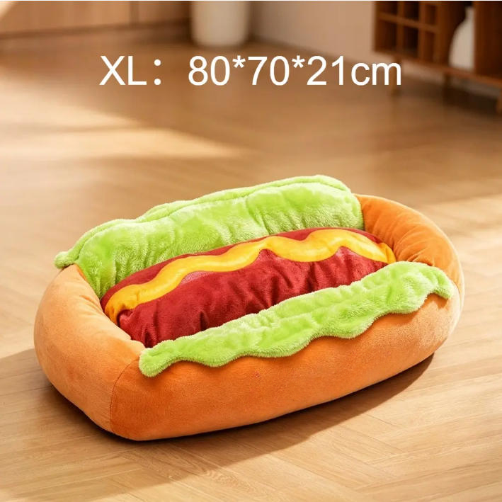 Novelty Hot‑Dog Shaped Pet Bed, Soft Plush Cozy Sleeping Cushion, Removable Washable for Dogs & Cats, S‑XL Sizes, Autumn & Winter Use