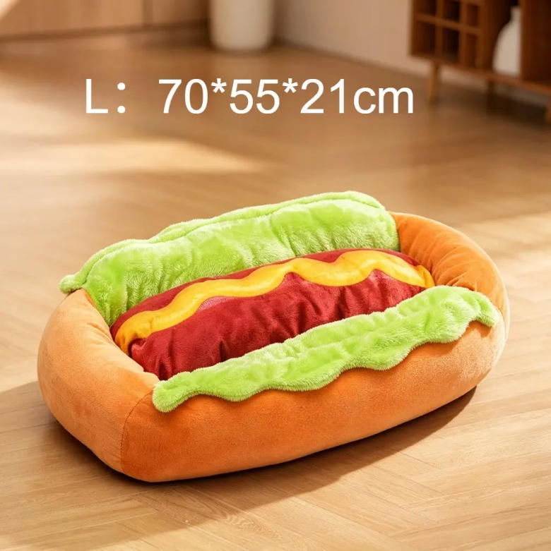 Novelty Hot‑Dog Shaped Pet Bed, Soft Plush Cozy Sleeping Cushion, Removable Washable for Dogs & Cats, S‑XL Sizes, Autumn & Winter Use