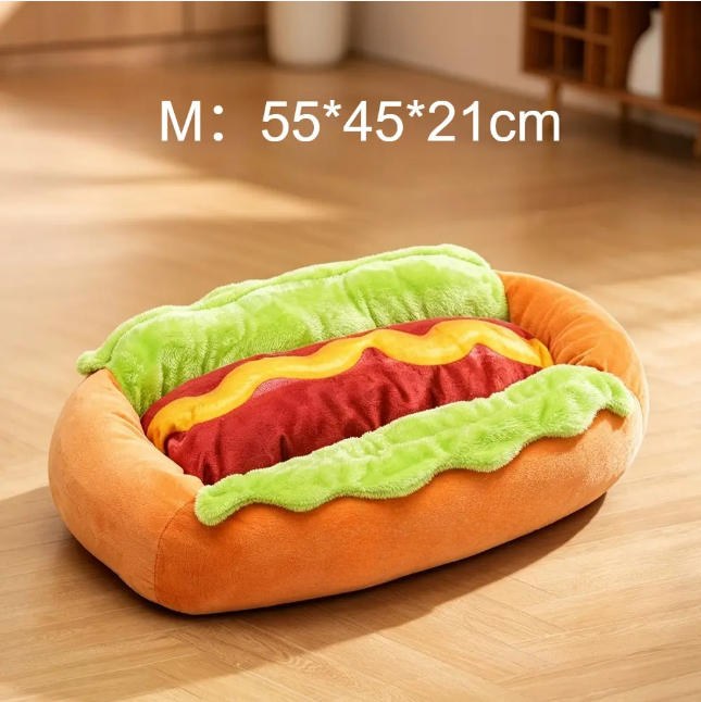 Novelty Hot‑Dog Shaped Pet Bed, Soft Plush Cozy Sleeping Cushion, Removable Washable for Dogs & Cats, S‑XL Sizes, Autumn & Winter Use