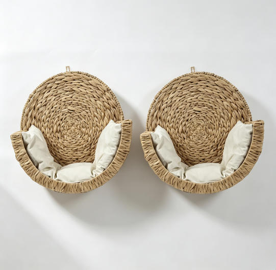 Hand‑Woven Wall‑Mounted Cat Bed, Floating Rattan Cat Perch with Soft Cushion for Indoor Cats