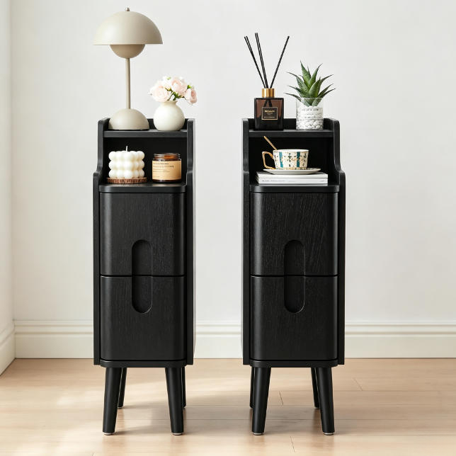 Narrow Vintage Wooden Nightstand, Compact 2‑Drawer End Table for Small‑Space Bedroom & Living Room