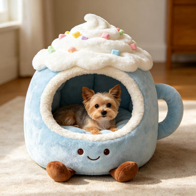 Cute Cup‑Shaped Plush Pet Cave Bed, Cozy Enclosed Warm Pet Sofa for Small Dogs & Cats, Soft Cartoon Puppy Cat Nest
