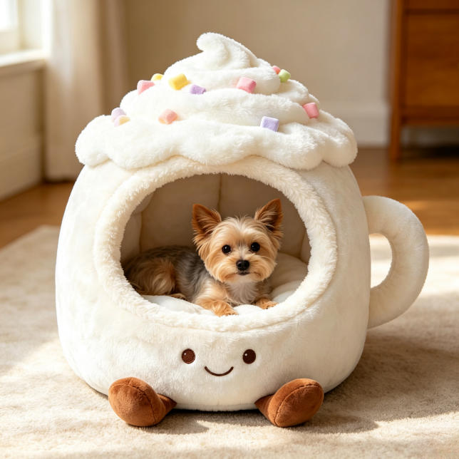 Cute Cup‑Shaped Plush Pet Cave Bed, Cozy Enclosed Warm Pet Sofa for Small Dogs & Cats, Soft Cartoon Puppy Cat Nest