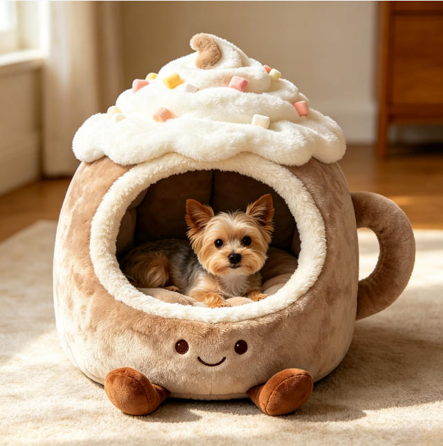 Cute Cup‑Shaped Plush Pet Cave Bed, Cozy Enclosed Warm Pet Sofa for Small Dogs & Cats, Soft Cartoon Puppy Cat Nest