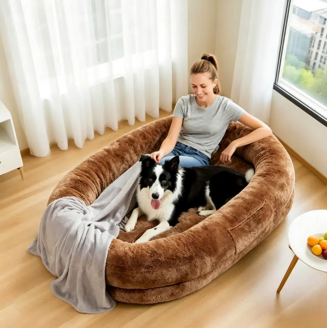 Full‑Size Faux‑Fur Orthopedic Cozy Lounger Bed, 68"×35"×14", with Detachable Pillow & Blanket, Machine‑Washable Indoor Pet Furniture, Easy‑Care Gift for Pet Lovers