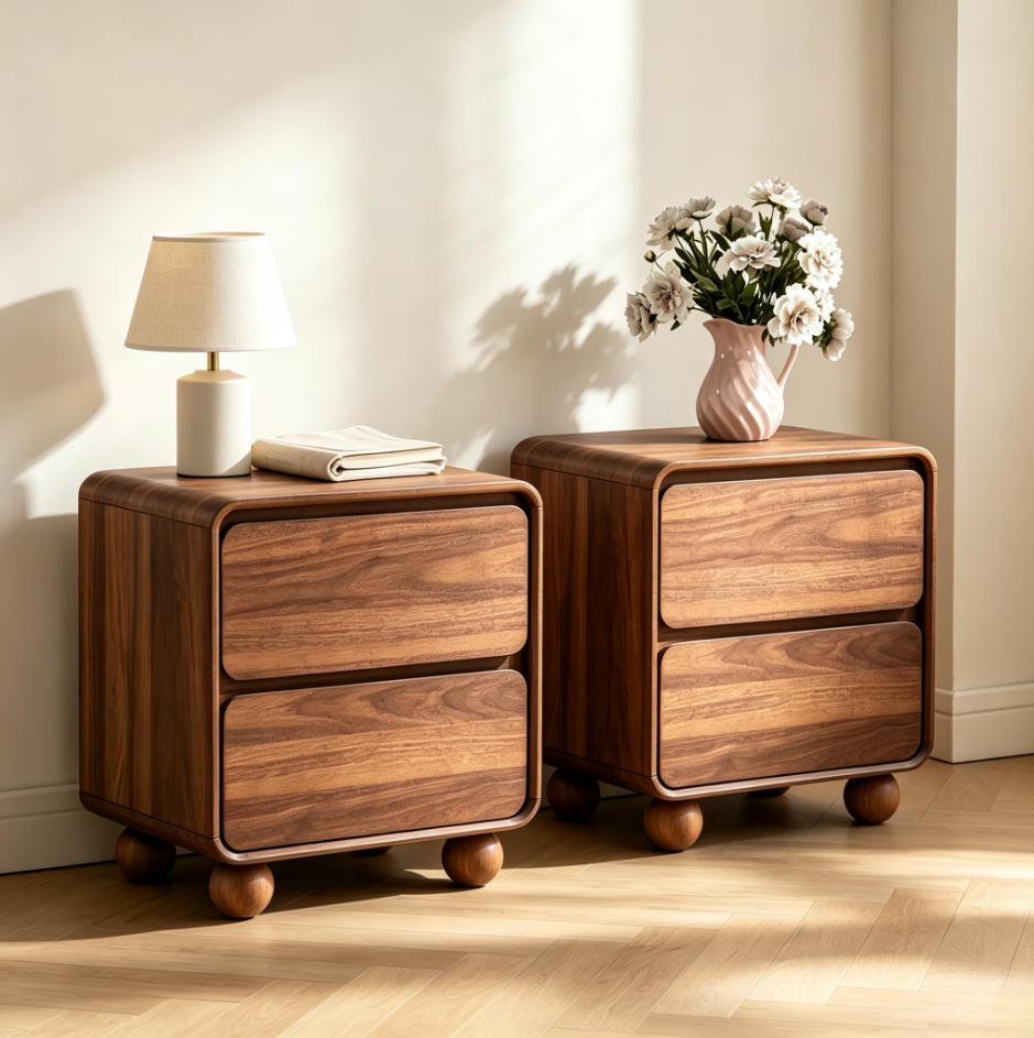 Mid‑Century Modern Wooden Nightstand Set of 2, 2‑Drawer Bedside Cabinet with Round Ball Legs, Walnut Finish Bedroom Storage Furniture