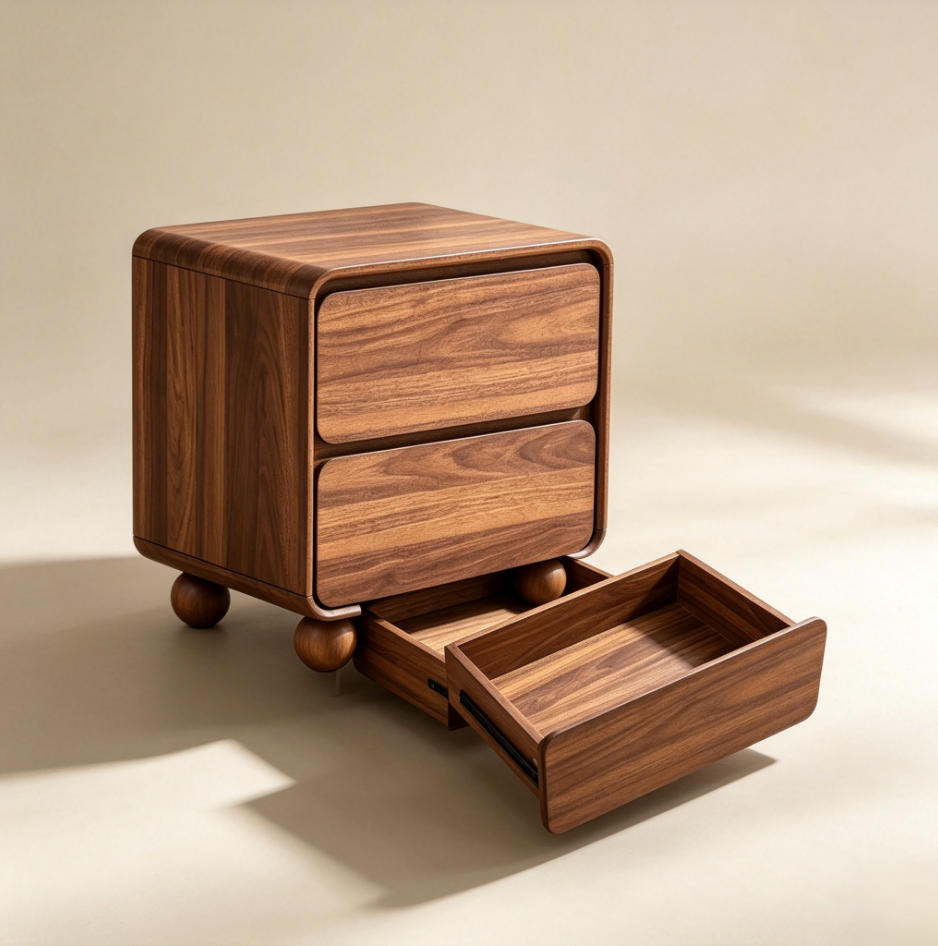 Mid‑Century Modern Wooden Nightstand Set of 2, 2‑Drawer Bedside Cabinet with Round Ball Legs, Walnut Finish Bedroom Storage Furniture