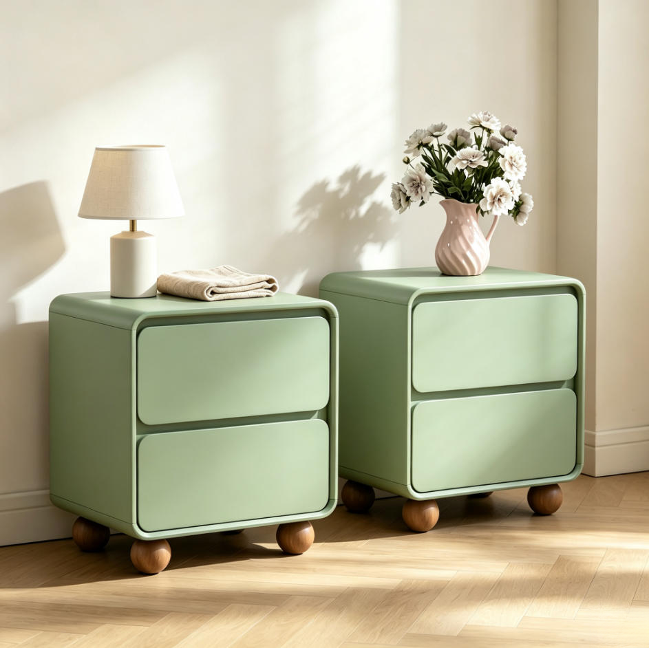 Mid‑Century Modern Wooden Nightstand Set of 2, 2‑Drawer Bedside Cabinet with Round Ball Legs, Walnut Finish Bedroom Storage Furniture