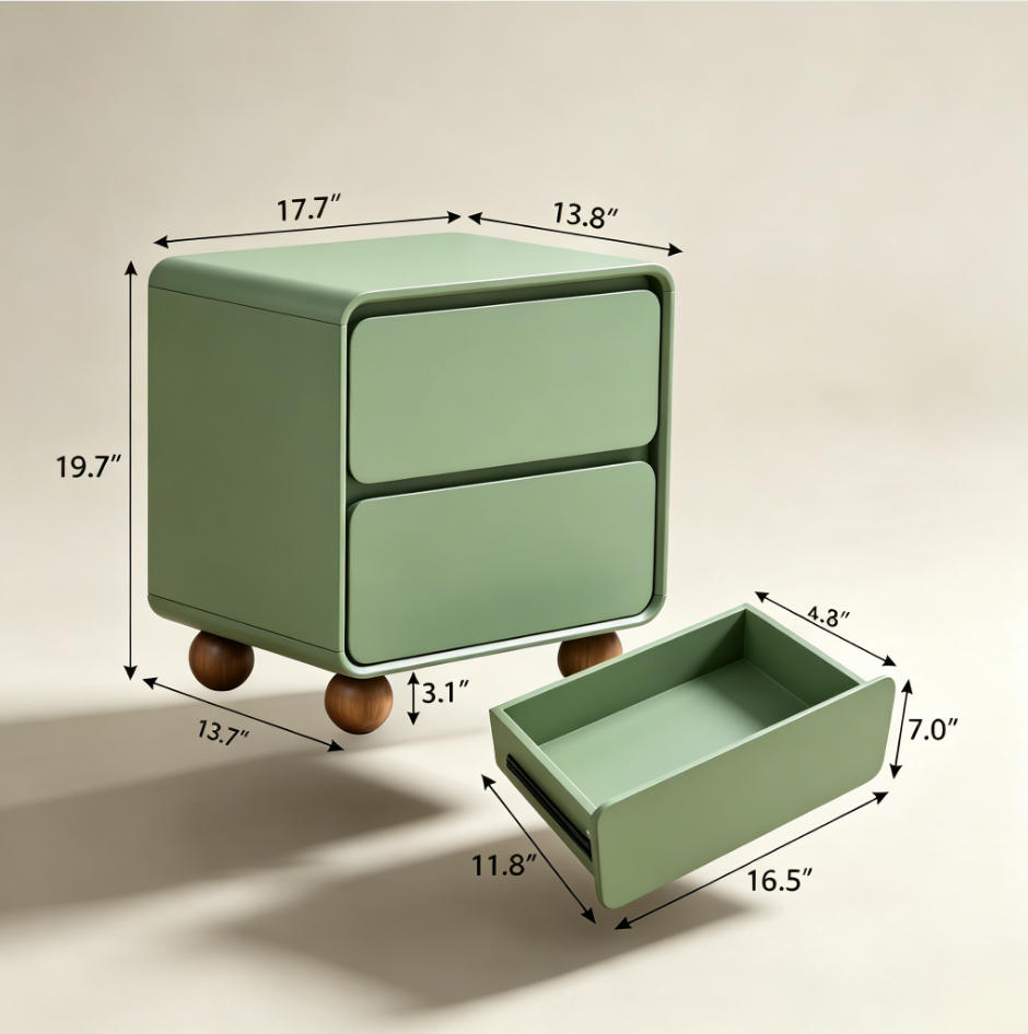 Mid‑Century Modern Wooden Nightstand Set of 2, 2‑Drawer Bedside Cabinet with Round Ball Legs, Walnut Finish Bedroom Storage Furniture