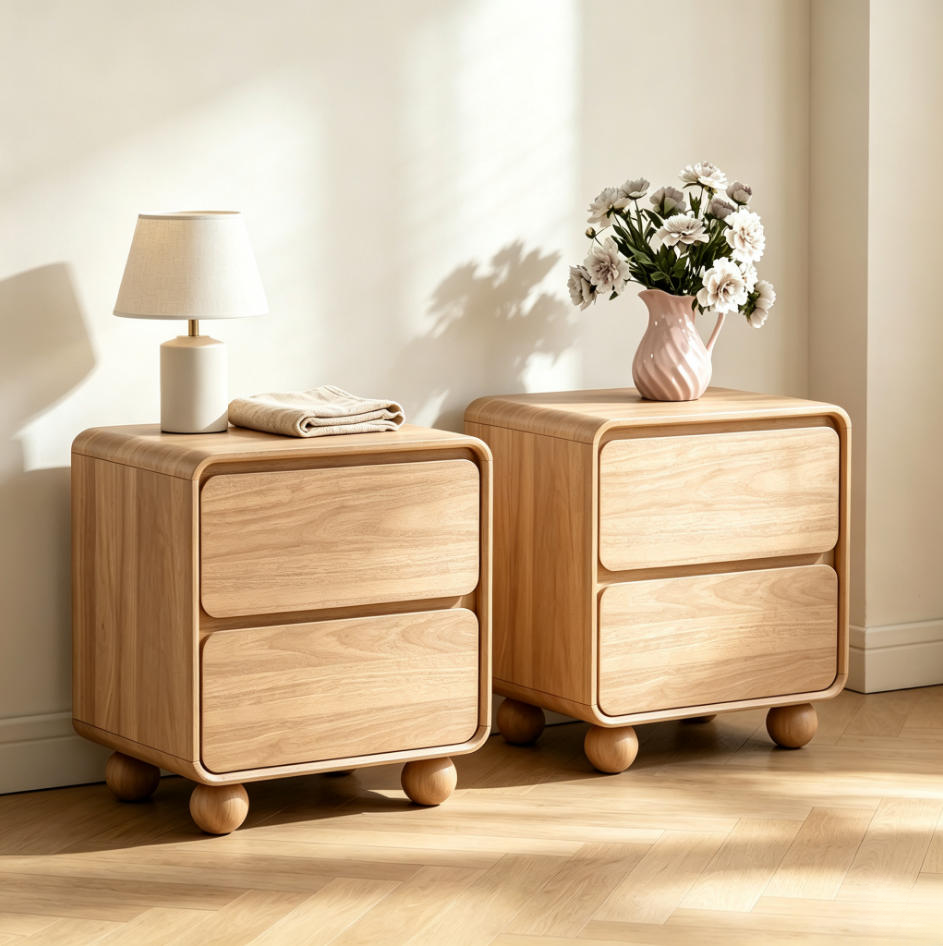 Mid‑Century Modern Wooden Nightstand Set of 2, 2‑Drawer Bedside Cabinet with Round Ball Legs, Walnut Finish Bedroom Storage Furniture