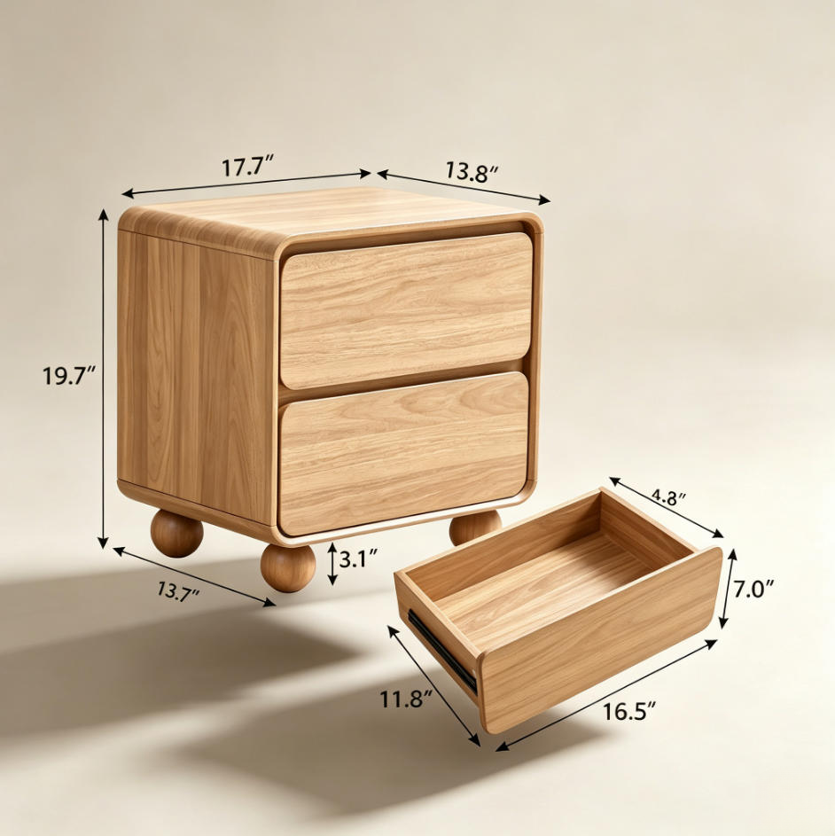 Mid‑Century Modern Wooden Nightstand Set of 2, 2‑Drawer Bedside Cabinet with Round Ball Legs, Walnut Finish Bedroom Storage Furniture
