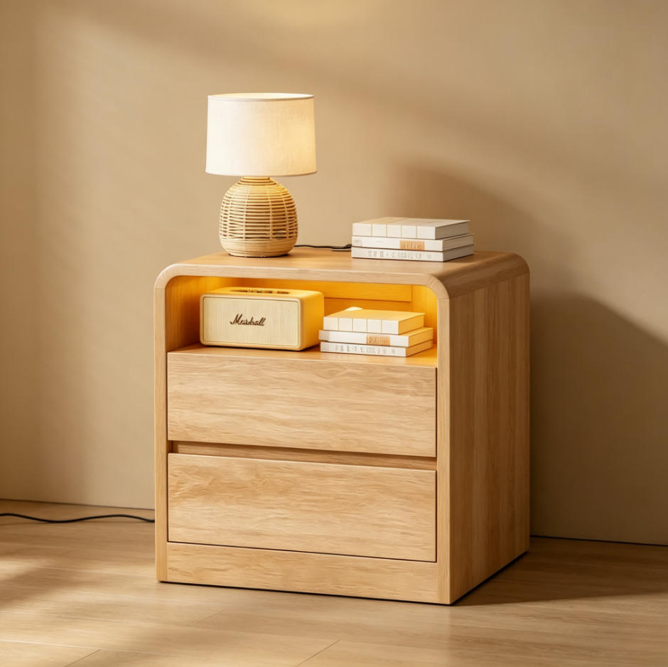 Modern Solid Wood Nightstand Set of 2, 2‑Drawer Bedside Cabinet with Charging Station & RGB Lights, Storage Shelf for Bedroom & Office