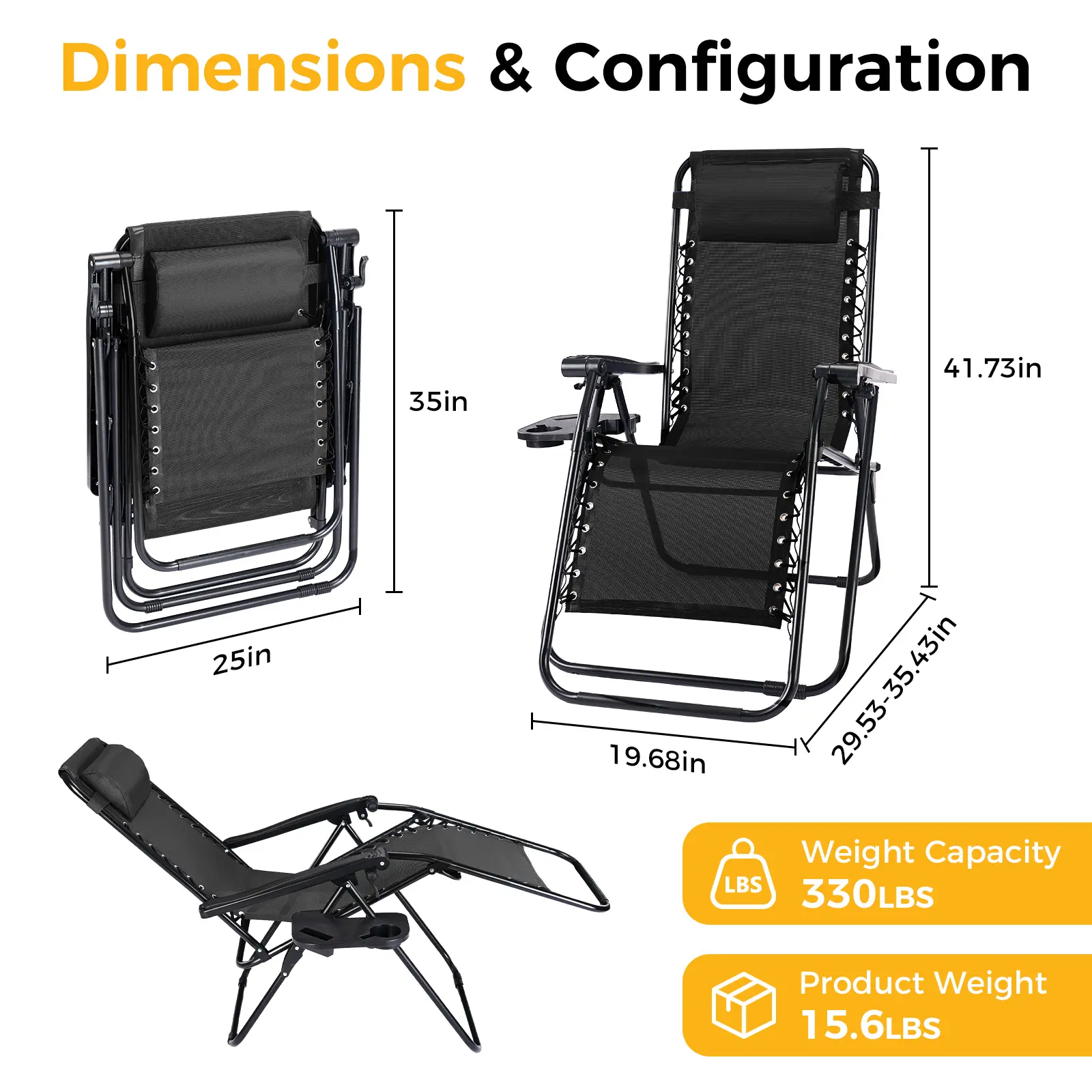 HULIABU 2-Pack Folding Reclining Lounge Chairs with Cup Holders & Adjustable Pillows, Portable Outdoor Chairs for Beach, Pool & Lawn