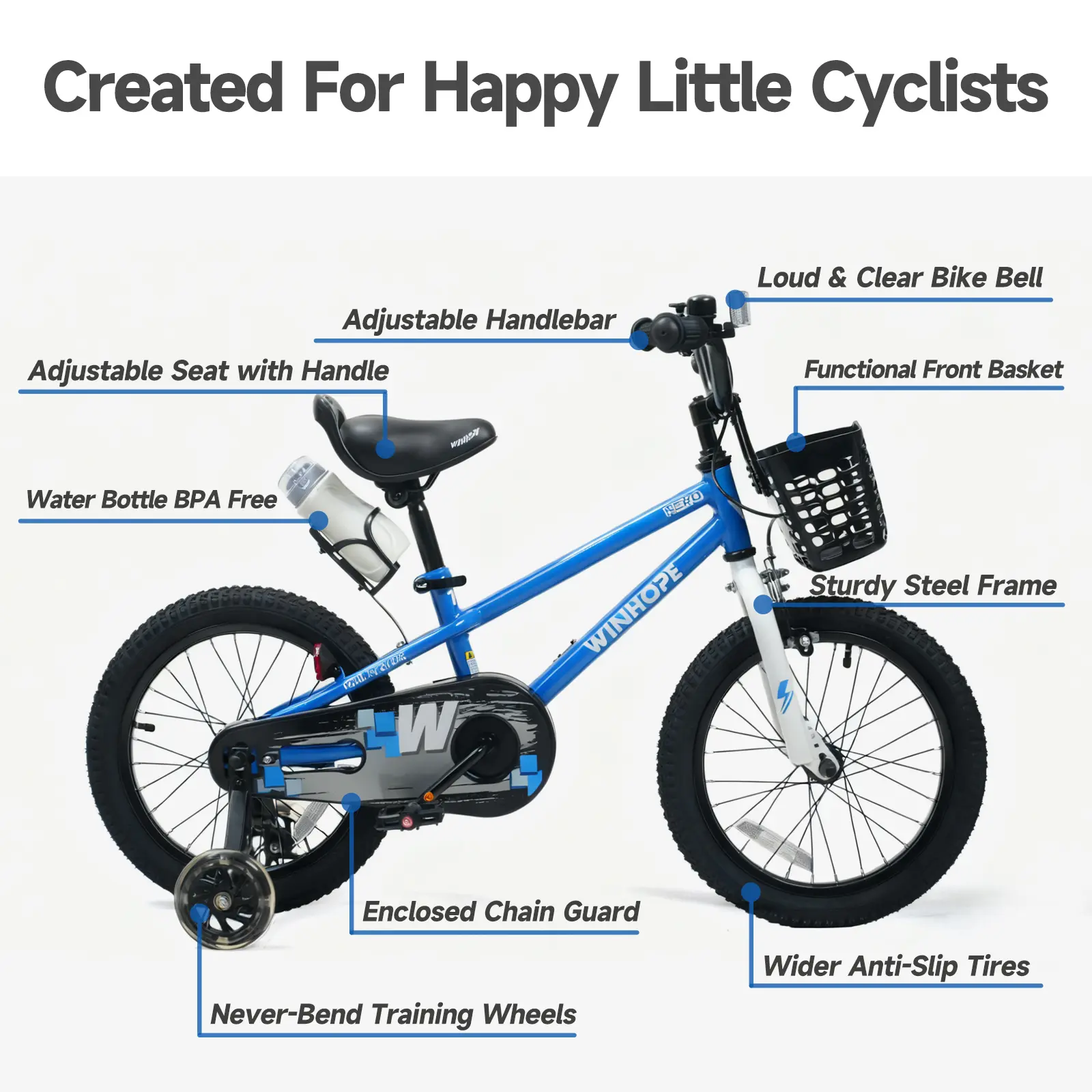 WINHOPE Hero Kids Bike for Ages 2–9 | 12–18 Inch with LED Training Wheels, Front Basket & Water Bottle Holder | 95% Pre-Assembled, Dual Brakes, Adjustable Seat & Handlebars