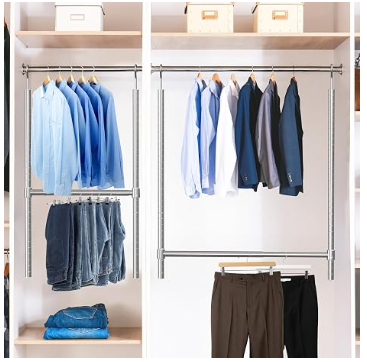 HULIABU Adjustable Double Hanging Closet Rod, Expandable Wardrobe Organizer, Space Saving Storage Rack, No Drill Clothes Hanger for Bedroom & Apartment