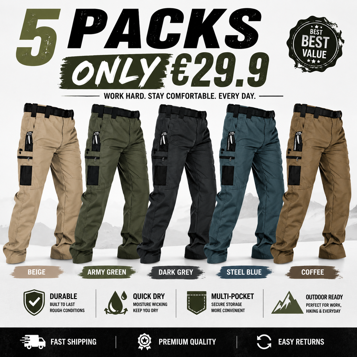 Men's Solid Color Tactical Work Pants