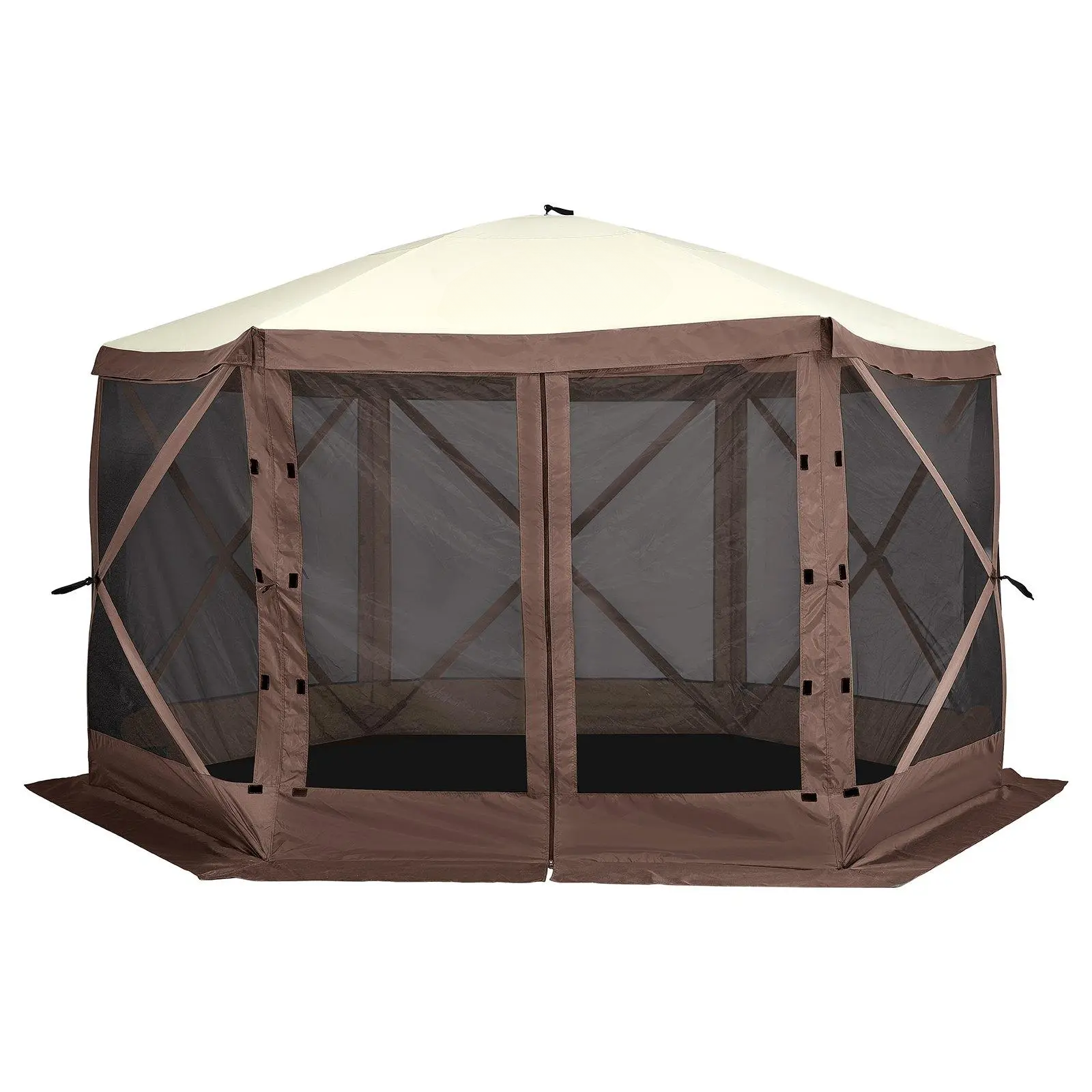 【SummerFinds】Camping Gazebo Screen Tent, 12*12ft, 6 Sided Pop-up Canopy Shelter Tent with Mesh Windows, Portable Carry Bag, Stakes, Large Shade Tents for Outdoor Camping, Lawn and Backyard, Brown/Beige