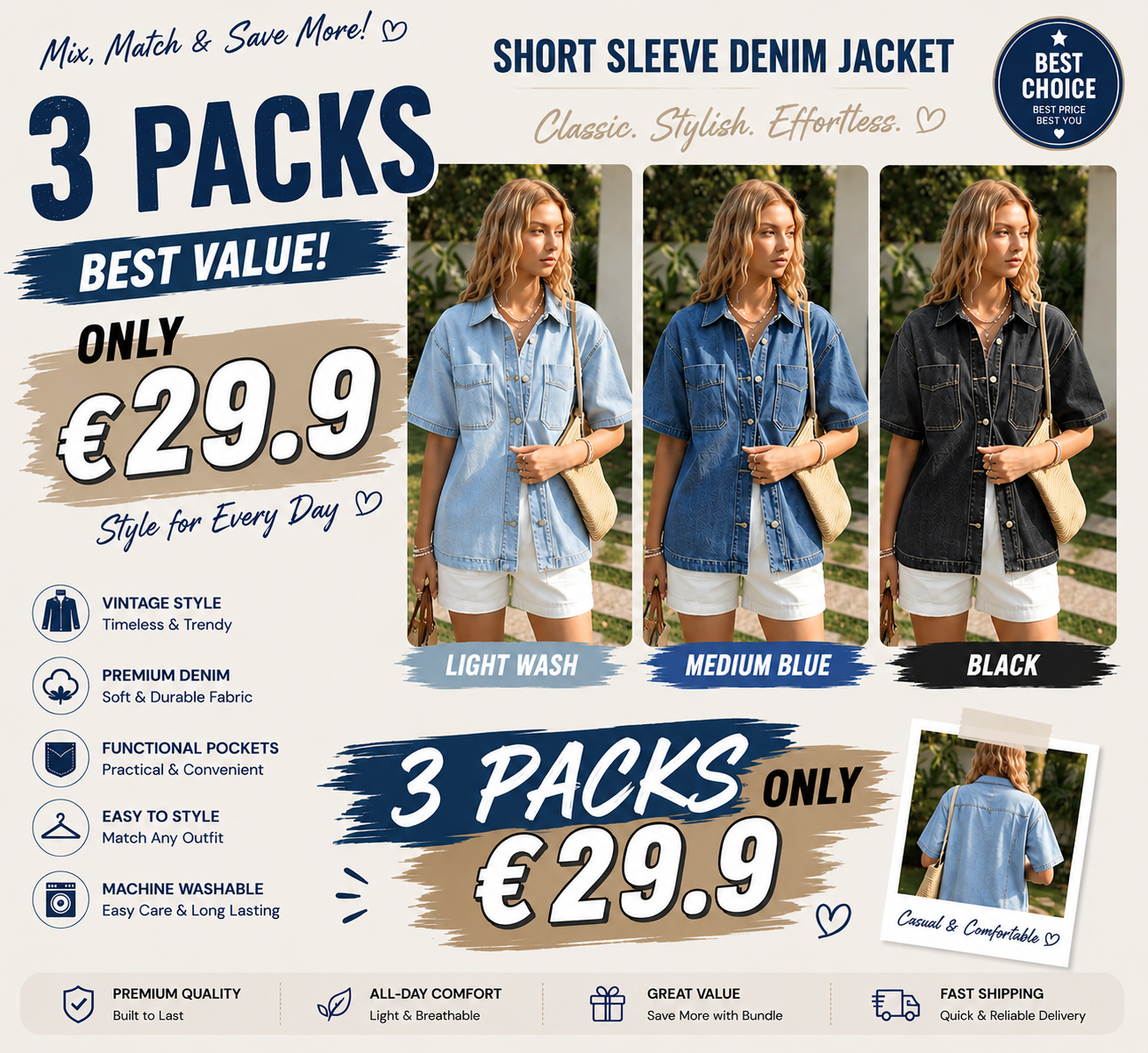 Short Sleeve Denim Jacket for Women, Classic Button Down Denim Jacket with Chest Pockets