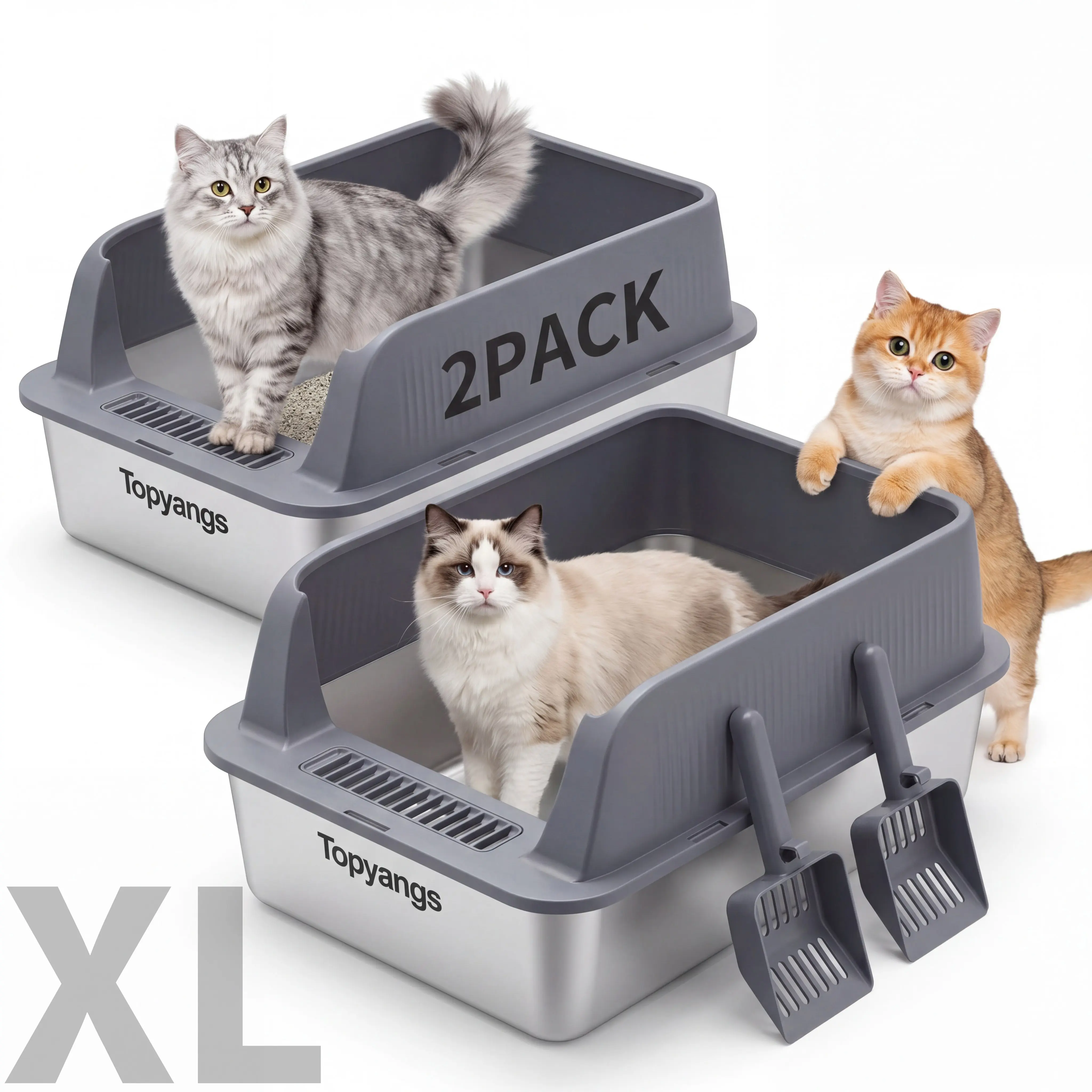 Topyangs 2-Pack Stainless Steel Cat Litter Box, Extra Large High Anti-Splash Sides, Leak-Proof Non-Stick Metal Litter Pans, Easy to Clean, Comes with 2 Litter Scoops, Ideal for Multi-Cat Families