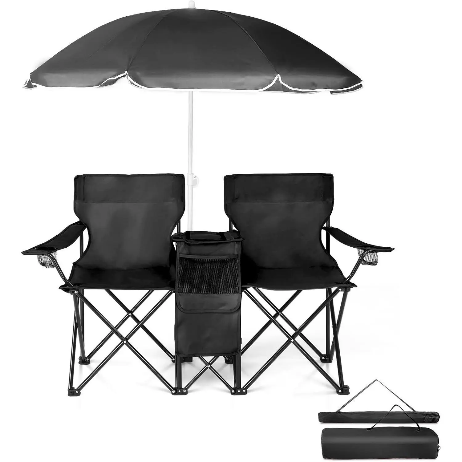 Folding Double Camping Chair with Umbrella, Built‑in Cooler, Cup Holders & Fold‑Up Side Table, Portable Heavy‑Duty Outdoor Chair for Beach Patio Garden