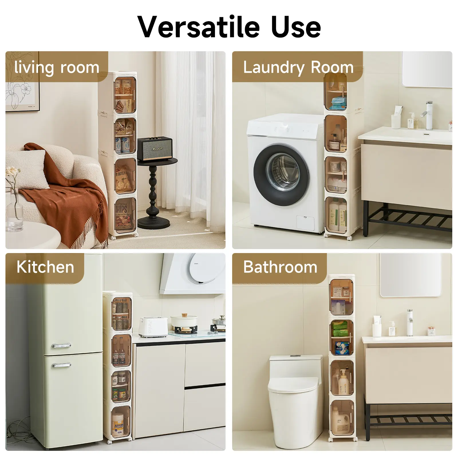 4-Layer Tall Narrow Plastic Cabinet - Slim Design, Doors, Adjustable Shelves, Wheels, Stackable, Foldable, Toilet Storage Cabinet, Organizer for Small Spaces, Bathroom Upgrade, Laundry Hacks, Bath Hacks (Midyear Sale Deals)