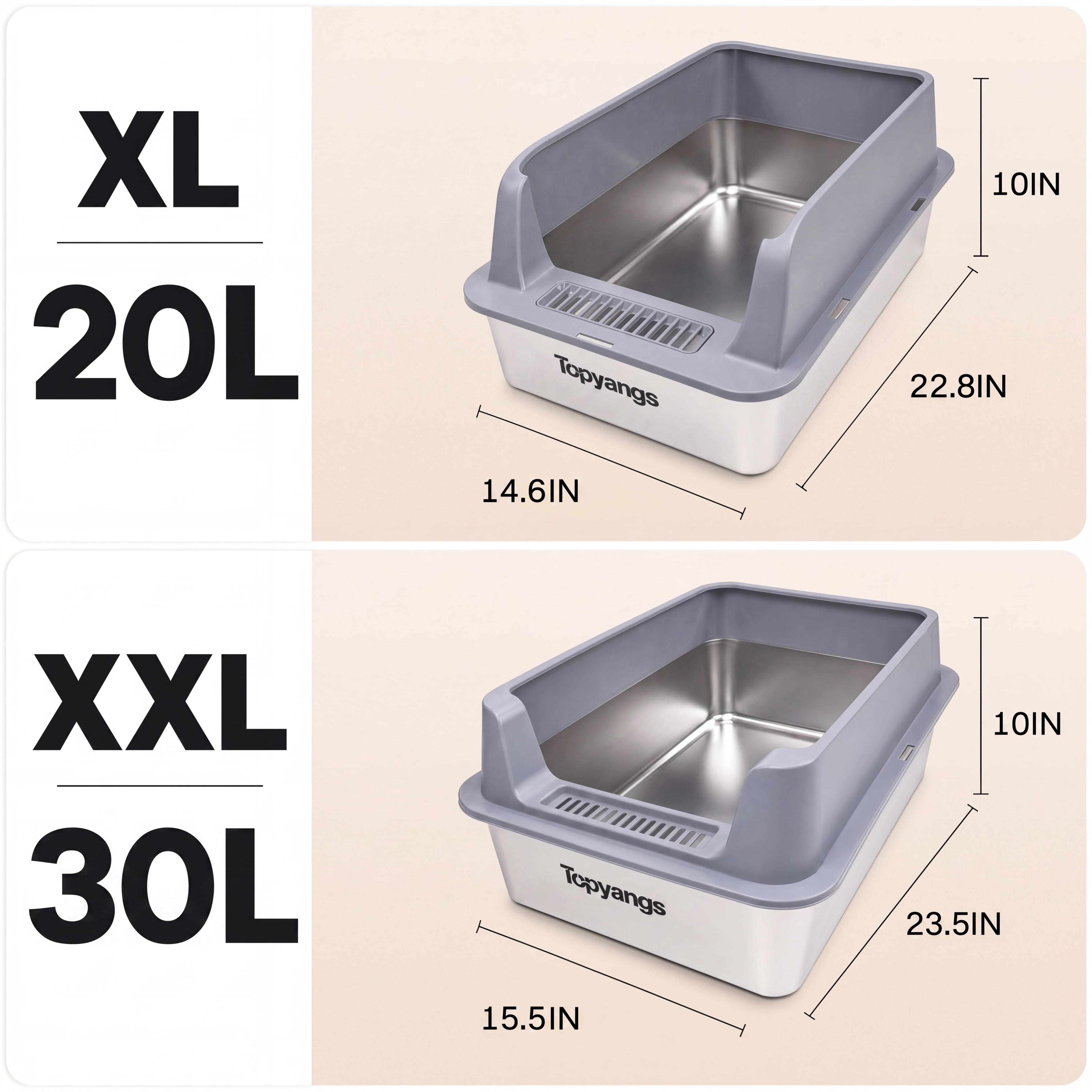 Topyangs 2-Pack Stainless Steel Cat Litter Box, Extra Large High Anti-Splash Sides, Leak-Proof Non-Stick Metal Litter Pans, Easy to Clean, Comes with 2 Litter Scoops, Ideal for Multi-Cat Families