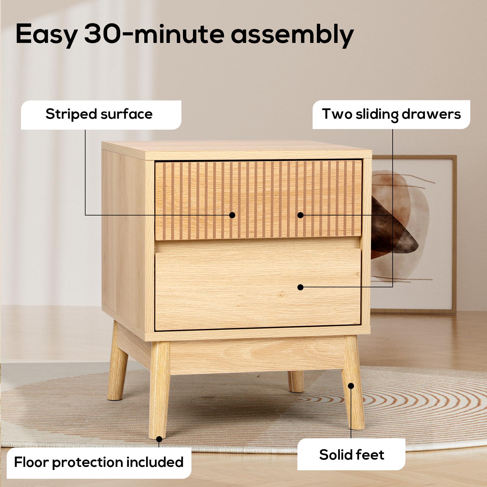 VOWNER Fluted Wooden Nightstand, End Table with 2 Drawers and Solid Wood Legs, Beside Table with Storage for Bedroom, Living Room