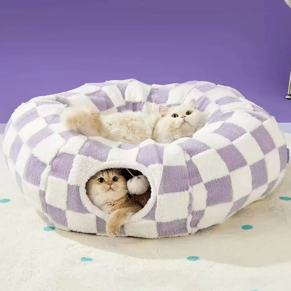 2‑in‑1 Donut Tunnel Pet Bed, Washable Round Cushion for Indoor Cats, Kittens, Puppies & Rabbits, Standard Blue