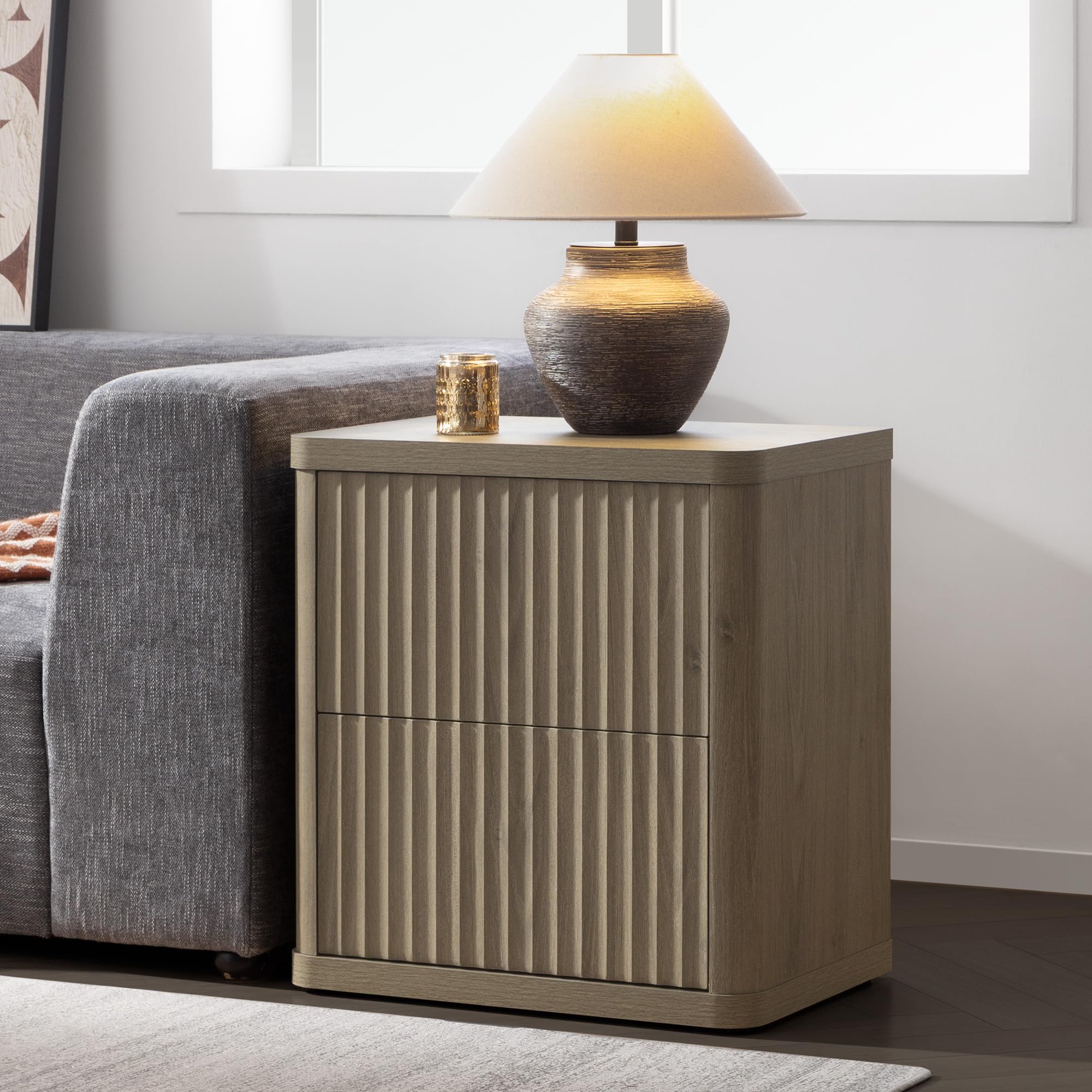 SICOTAS Set of 2 Wood Nightstands - 22.75" Wide Contemporary End Tables, Fluted Modern Bedside Table Cabinets with 2 Large Handleless Drawers, Curved Edges for Bedroom Small Spaces Furniture, Bedside Table Cabinet
