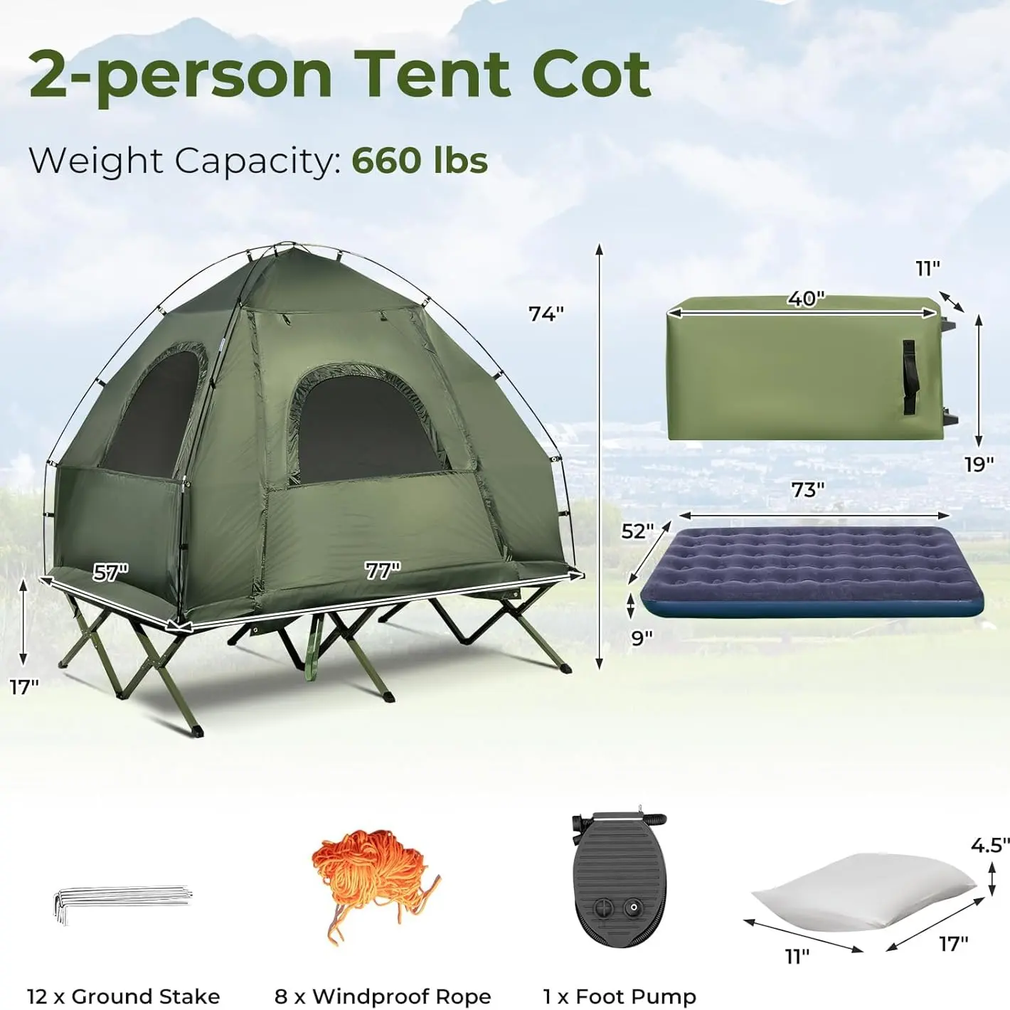 5-in-1 Tent Cot, Camping Tent Combo with Awning, Air Mattress, Sleeping Bag, Air Pillow, Camping Cot, with Carrying Bag for Outdoor Hiking