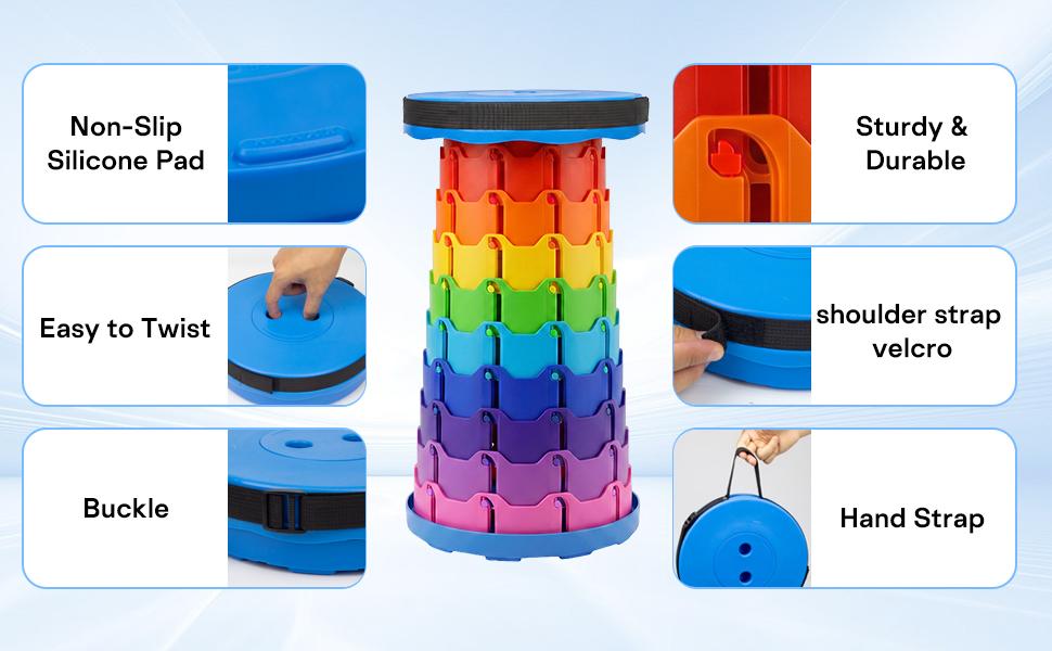 Foldable Telescopic Stool - Portable Collapsible Camping Stool, Adjustable Height Retractable Seat for Adults & Kids, Lightweight Travel Stool with Carry Strap